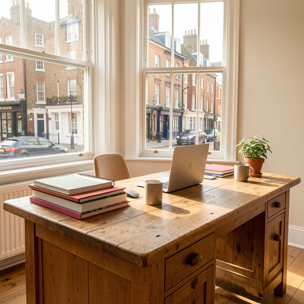 Bright editorial workspace with a large oak desk, stacked notebooks, an open laptop, and afternoon light from a wide sash window overlooking a London street