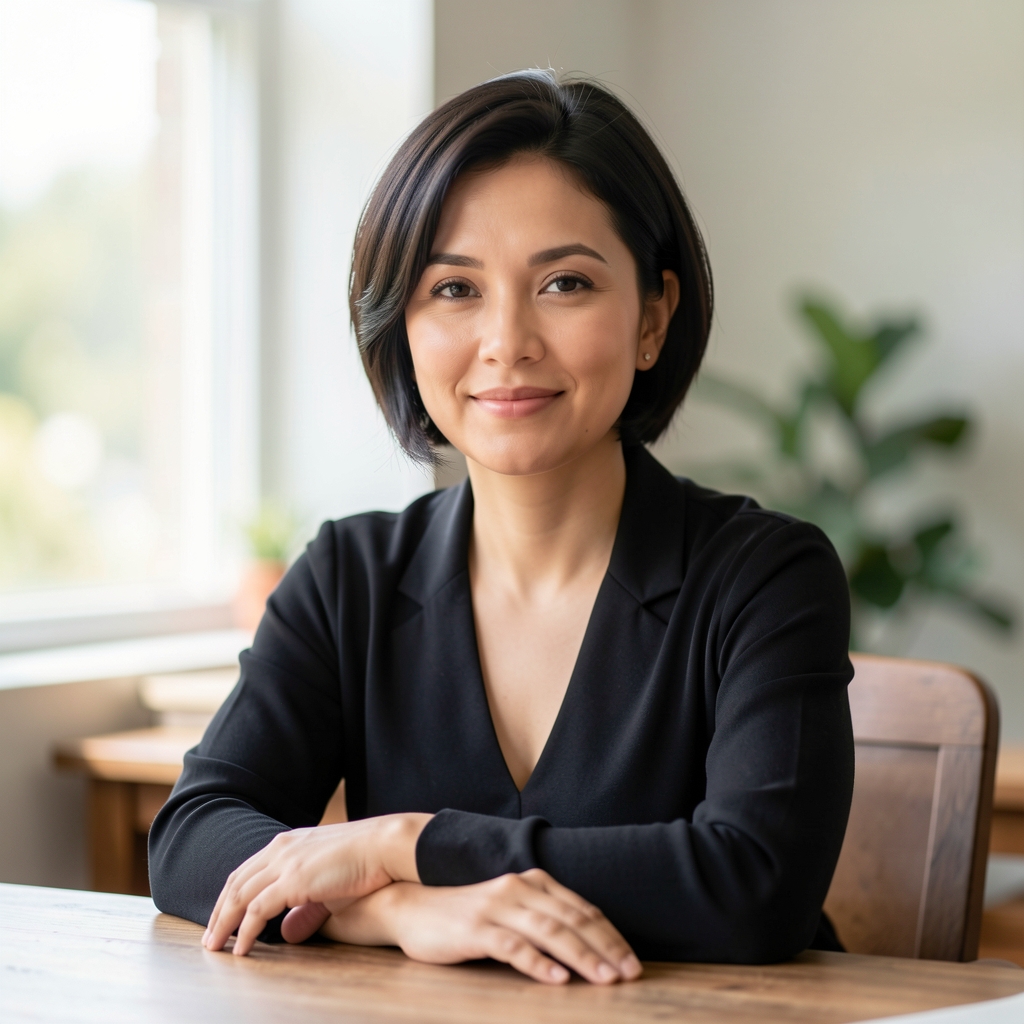 Portrait of a woman with short dark hair in a bright studio, seated at a wooden desk with natural side lighting