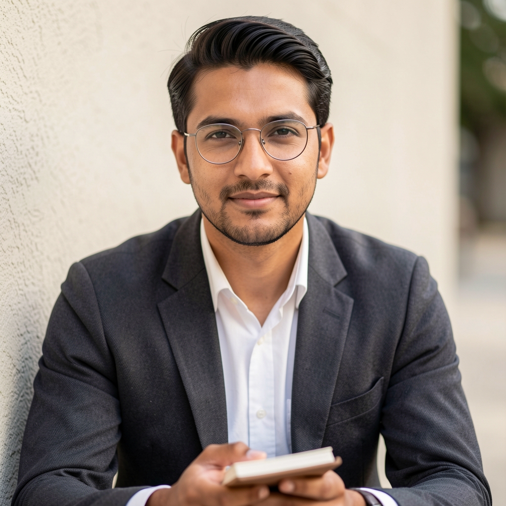 Portrait of a man with wire-rimmed glasses, seated against a pale textured wall, holding a small notebook