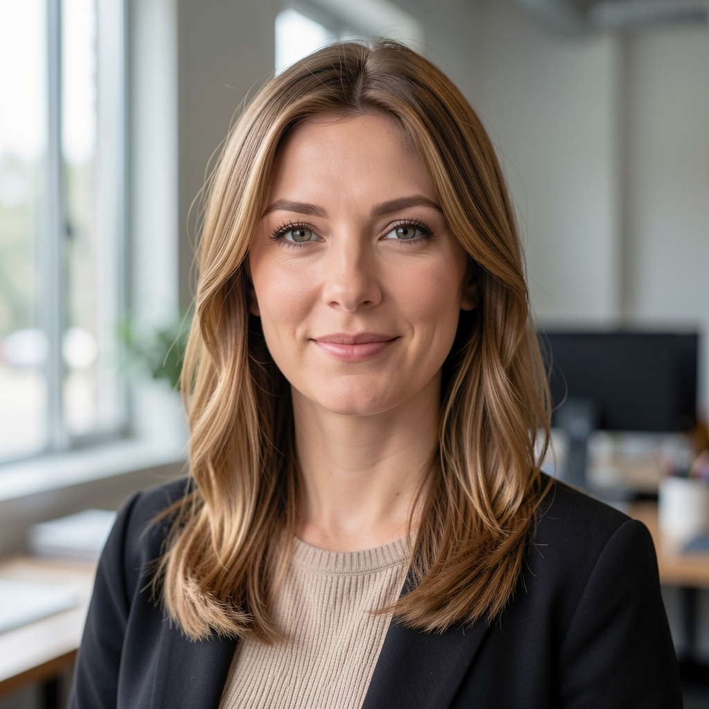 Portrait of a woman with light brown hair in an open editorial workspace, a window with soft grey light behind her