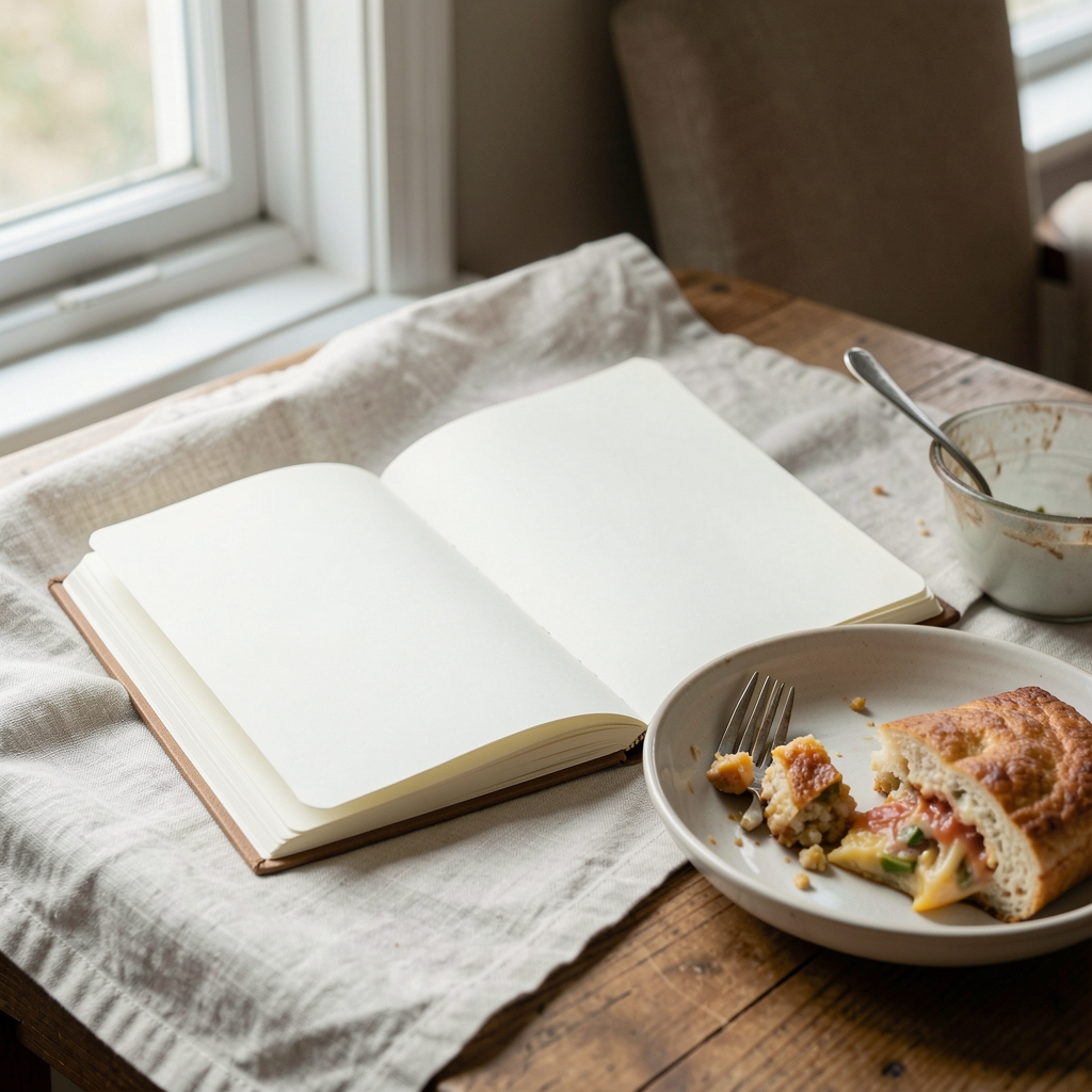Open notebook resting on a pale linen cloth beside a half-eaten meal, natural morning light from a nearby window