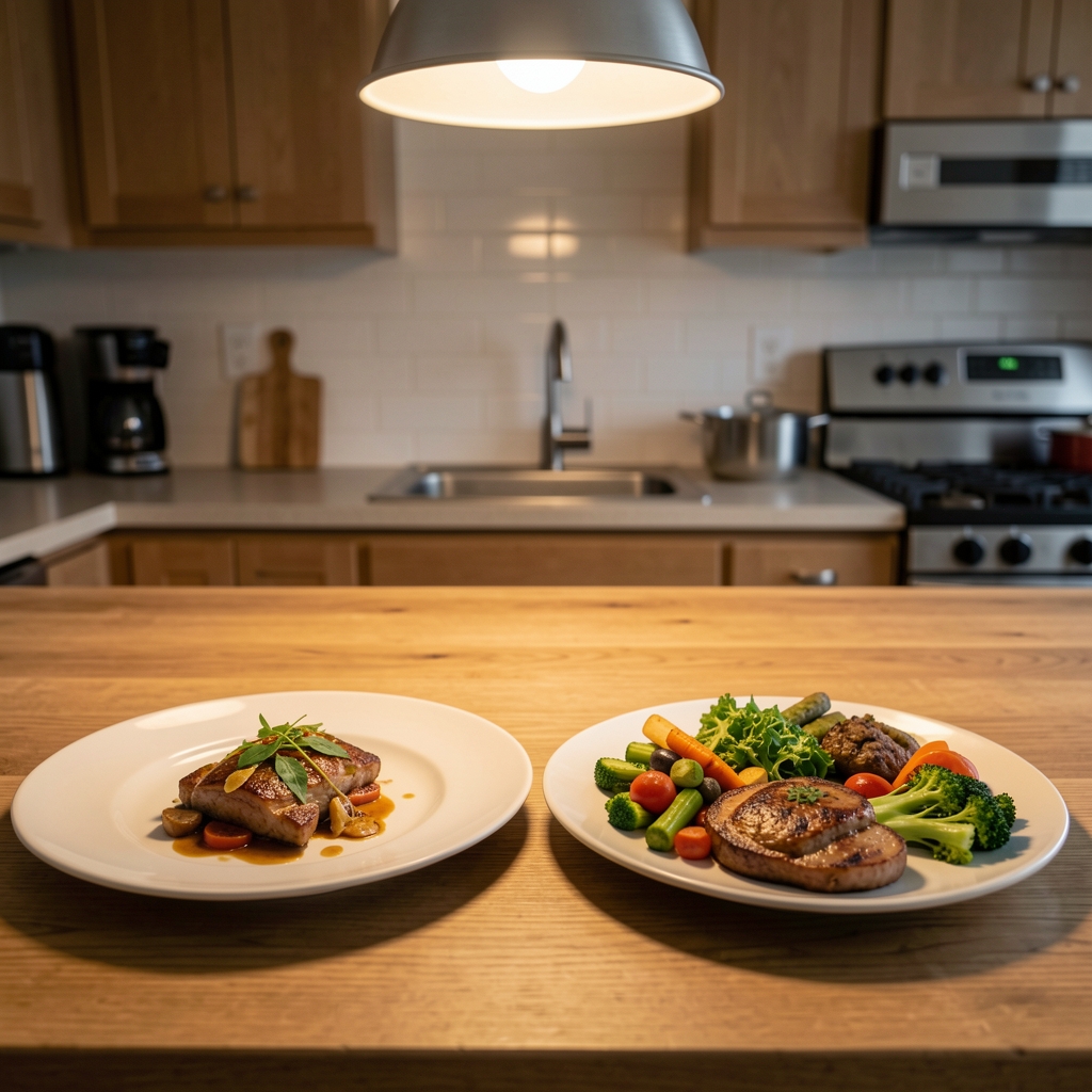 A kitchen table with two different dinner plates side by side, one with a small carefully portioned meal and one with a relaxed varied serving, warm overhead lighting