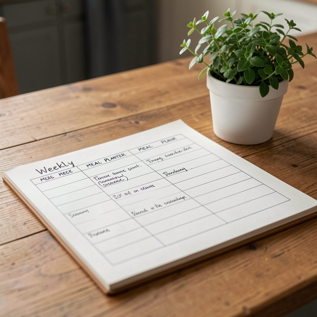 Close-up of a handwritten weekly meal planner on a wooden kitchen counter with a small potted herb plant in the background