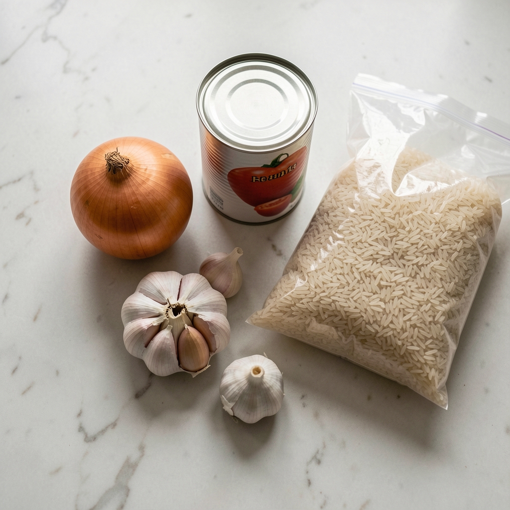 A simple kitchen counter with a few staple ingredients laid out in natural light: onions, garlic, canned tomatoes, and a bag of rice, viewed from above