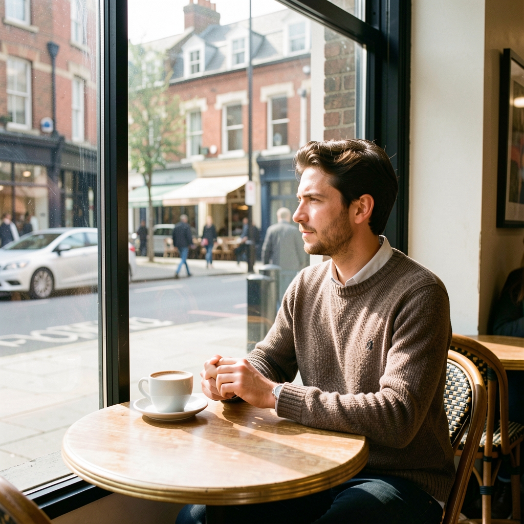 Person sitting at a cafe table in London with a single coffee cup, gazing out at the street, midday light coming through large glass windows