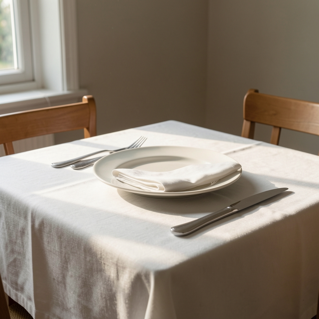 A quiet dining table set with a single place setting, no phone or screen visible, afternoon light from a window casting soft shadows across the white linen tablecloth