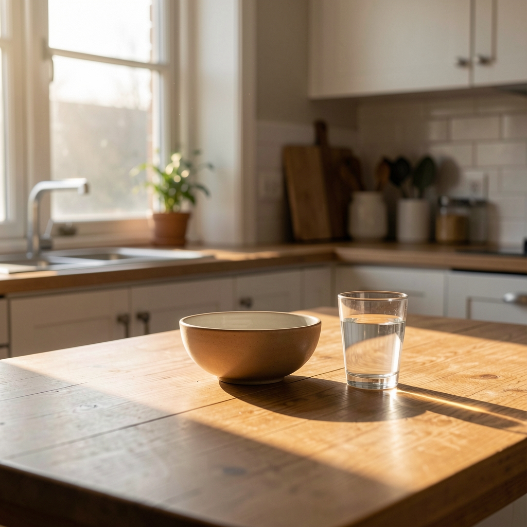 Morning light through a kitchen window casting warm shadows across a wooden table with a simple bowl and glass of water
