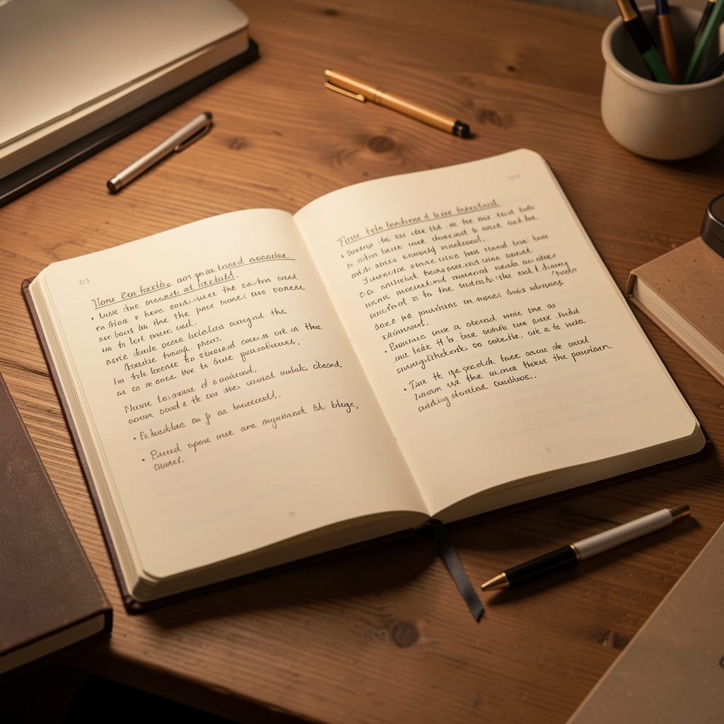 Open editorial notebook with handwritten research notes on a wooden desk in warm studio lighting